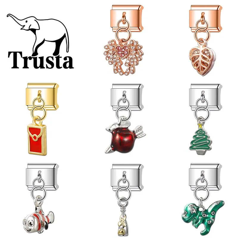 Trusta 2024 Dinosaur Fish Charm Italian Links 9mm Bracelet Stainless Steel for Girl Boy Birthday Gift DIY Jewelry Wholesale N152