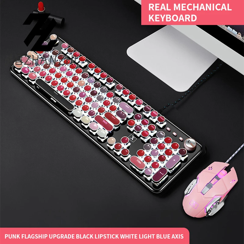 Game Mechanical Keyboard and Mouse Kit Universal Vintage USB Wired Blue Switch Round Keycaps Esports Pink Keyboard and Mouse Set