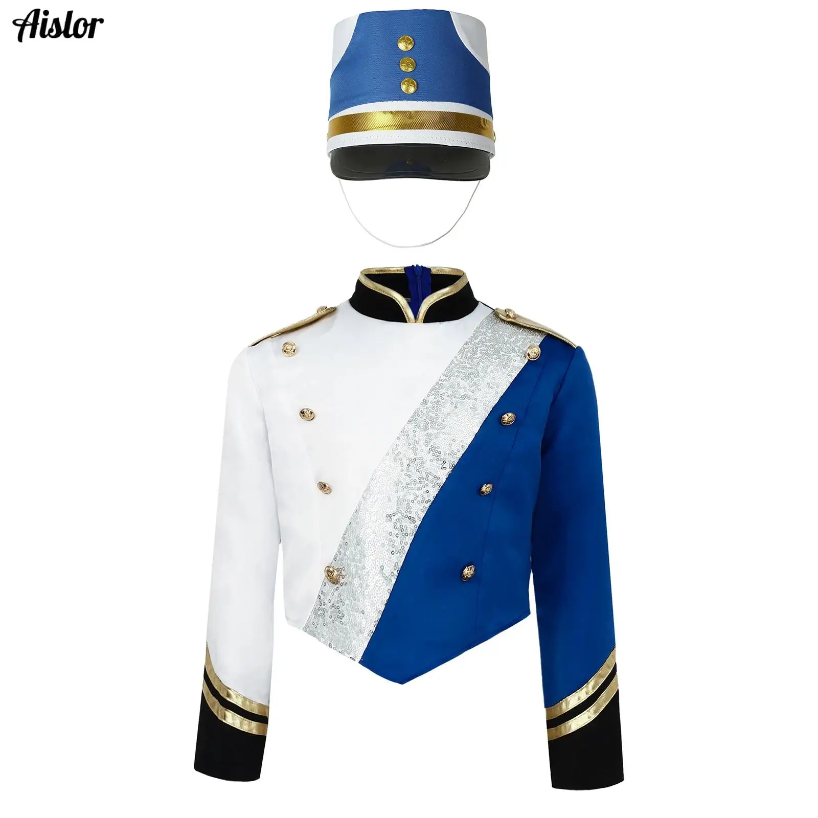 

Kids Girls Boys Marching Band Halloween Cosplay Costume Metallic Sequins Color Block Long Sleeve Jacket Top+Matched Hat Outfits