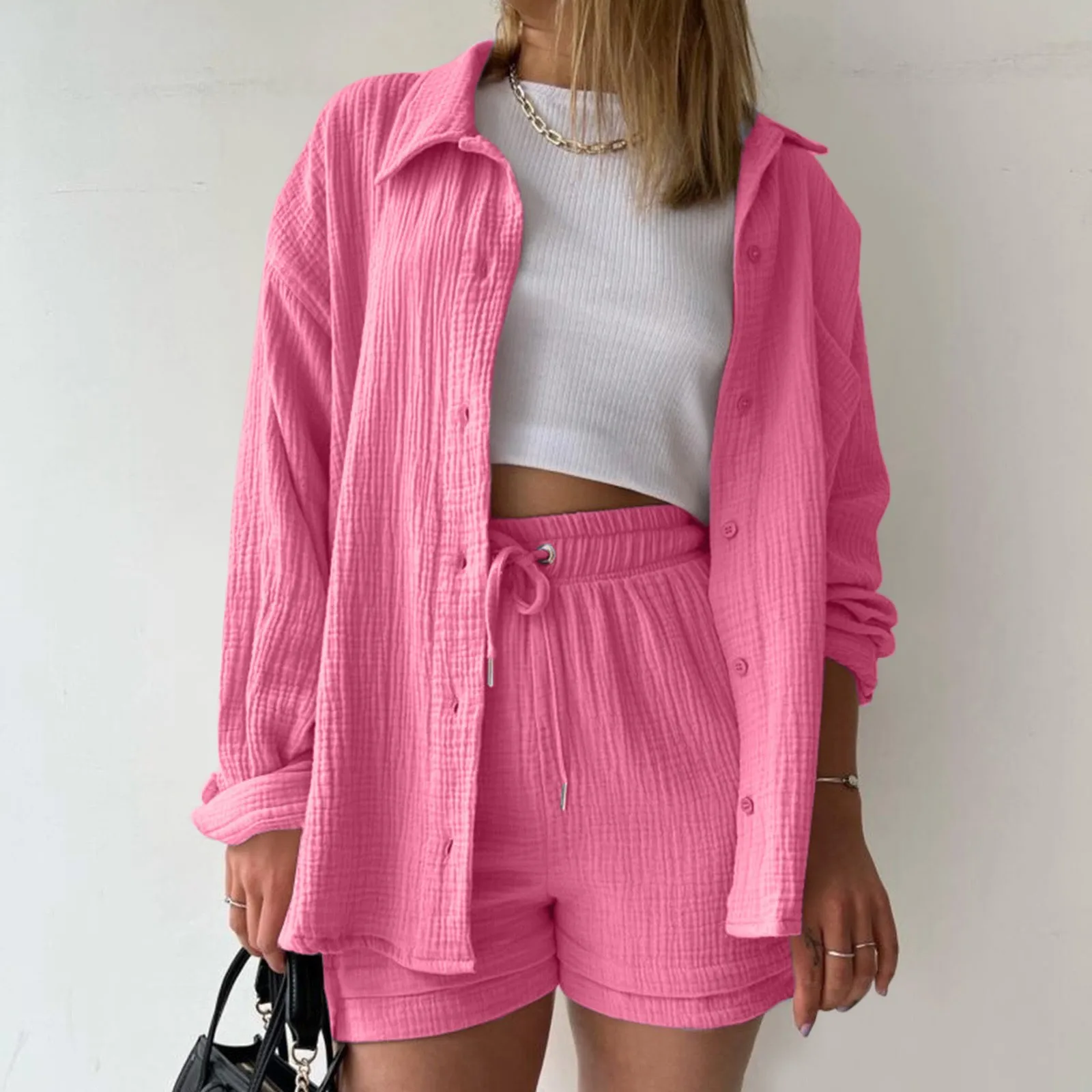 Solid Color Summer Shorts Suit Long Sleeve Lapel Button Up Loose Shirts+Short Pants Set High Waist 2 Piece Set Women Clothes