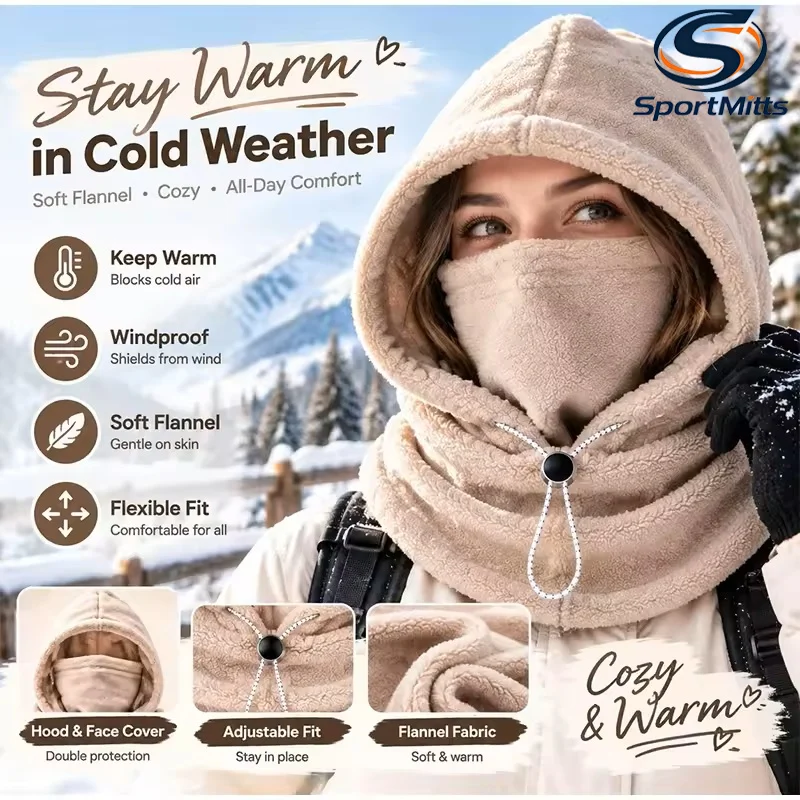 3-in-1 Fleece Double-layer Integrated Hat Windproof Warm Winter Flannel Warm Mask Hat Balaclava Hood Fleece Lined 360 Full Cove