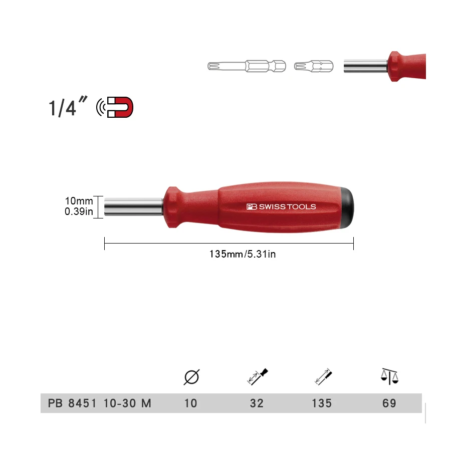 PB SWISS TOOLS Swiss Grip Universal Bit Holder 135 mm Magnetic Screwdriver Handle PB 8451.10-30 M