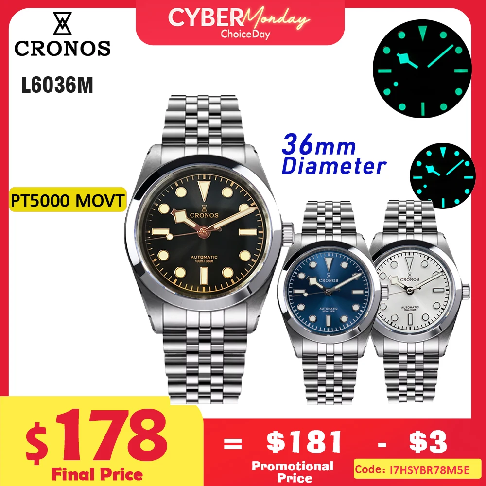 Cronos BB36 Mechanical Men Watch 36mm Automatic PT5000 Sapphire Glass Bushed Bracelet 10ATM L6036M