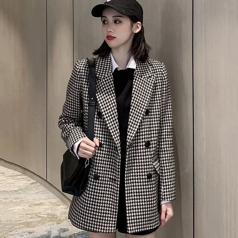 Giacca da donna piccola stampata scozzese a maniche lunghe con vestibilità ampia e versatile, nuova moda sexy, casual, per pendolarismo, stile vacanza