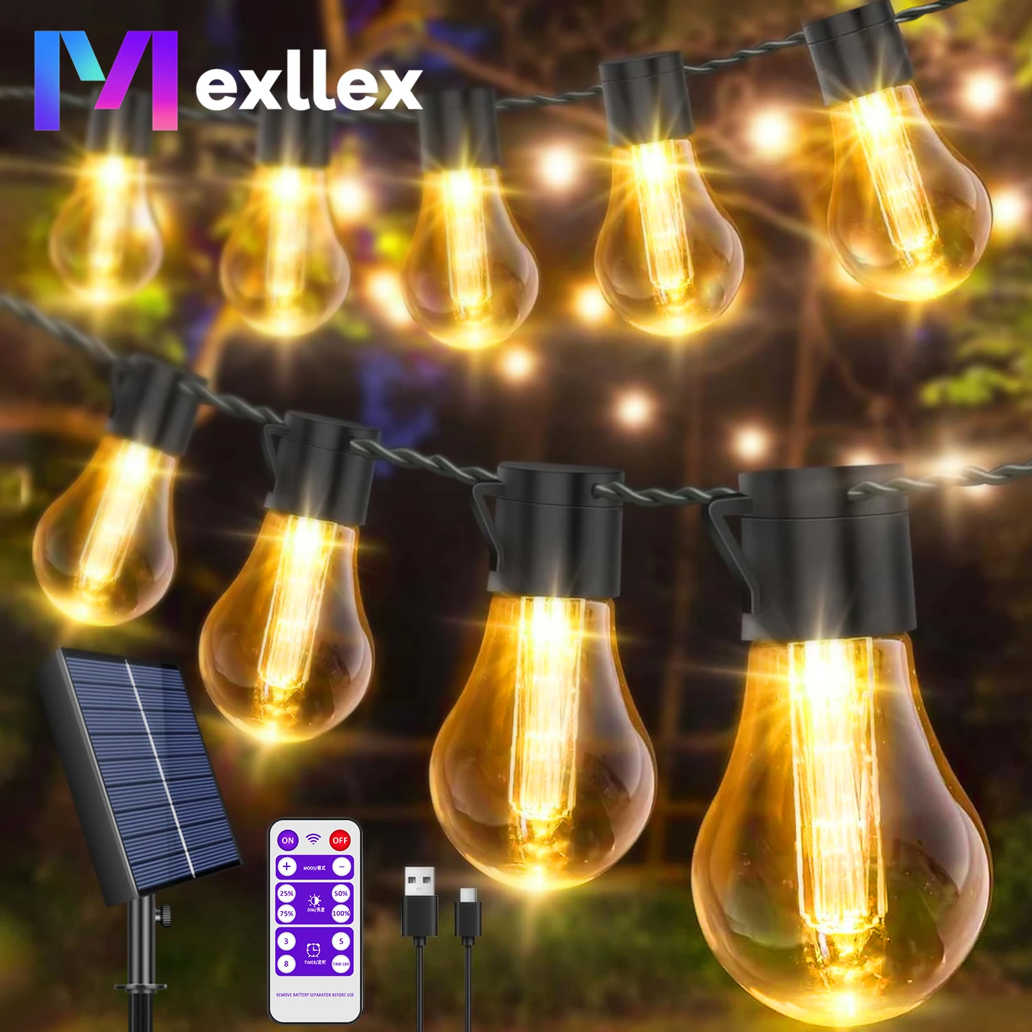 11.7M/8.9M LED String Lights luce solare per esterni con telecomando e USB, 8 modalità IP65 impermeabile per giardino, terrazza, balcone