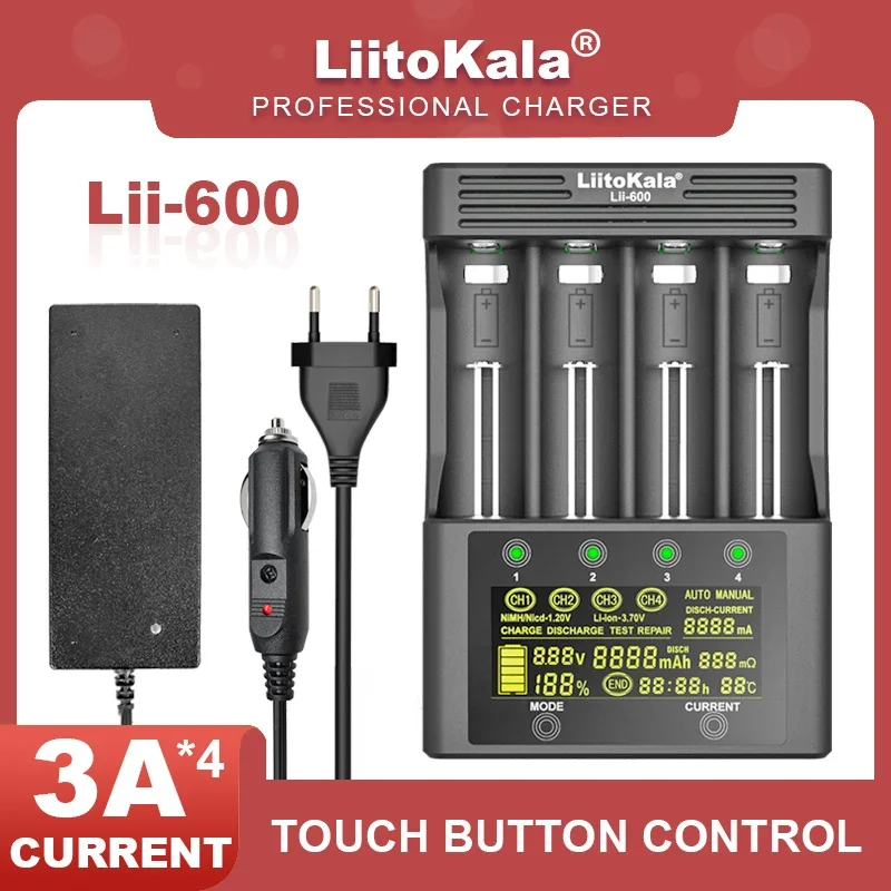 Ładowarka LiitoKala Lii-600 LCD do akumulatorów litowych 3,7 V i akumulatorów NiMH 1,2 V odpowiednia do 18650 26650 21700 26700 16340 18350 AA AAA