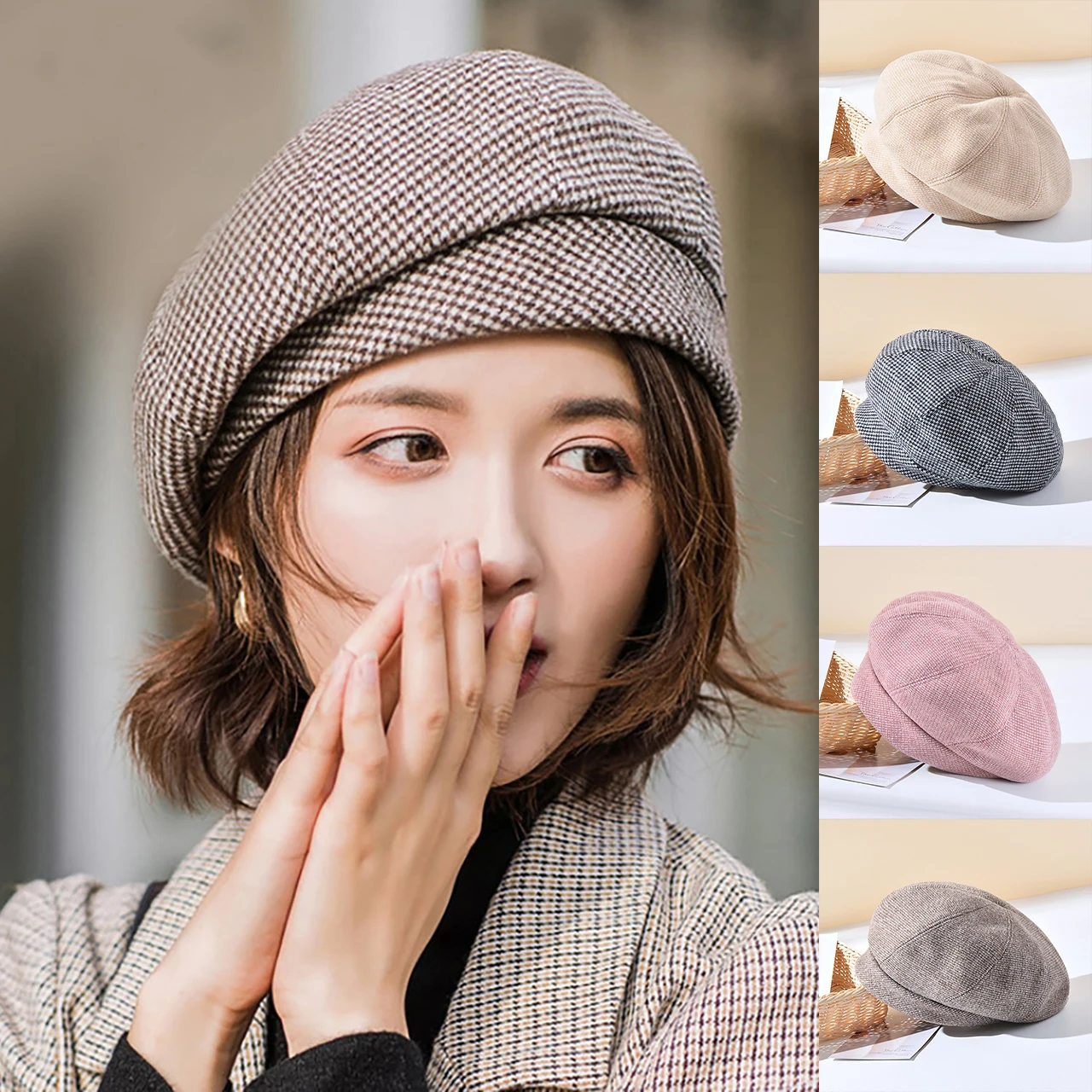 

Simple Women Wool Beret for Elegant Lady Winter Female Cotton Hats Plaid Female Trendy British Bud Painter Hat Winter