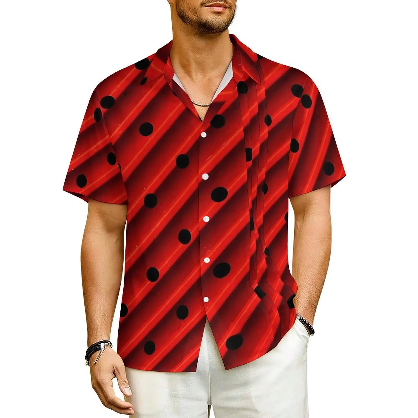 

Striped Polka Dot Casual Shirt Red And Black Novelty Hawaiian Shirts Men Short-Sleeved Beach Y2K Fashion Oversized Blouses