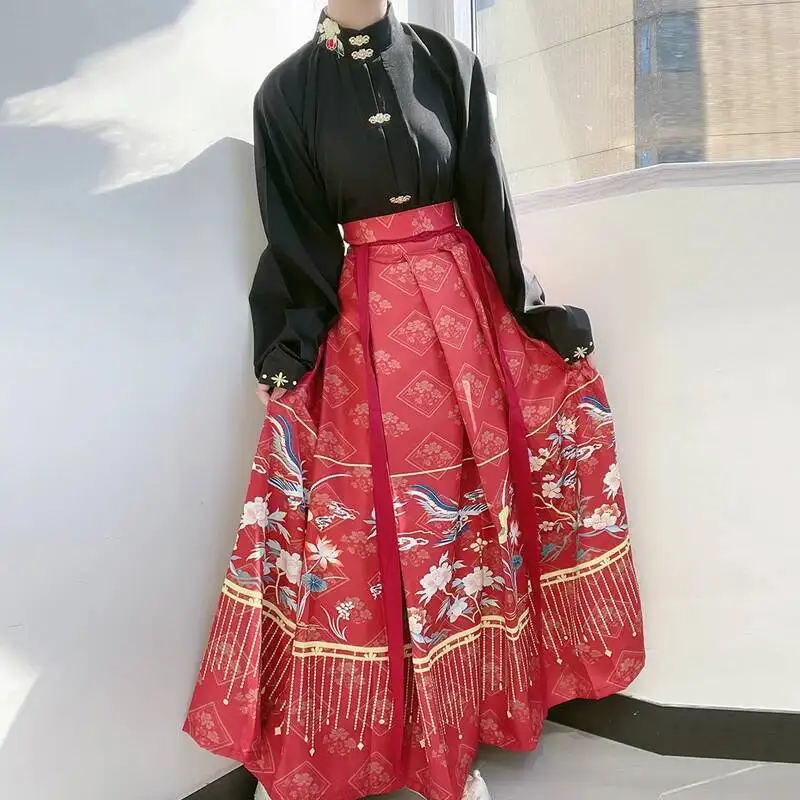 

Chinese Hanfu Women's Stand Collar Cardigan Shirt Pleated Skirt Han Element Long Suit Temperament Commuter Versatile Top Dress