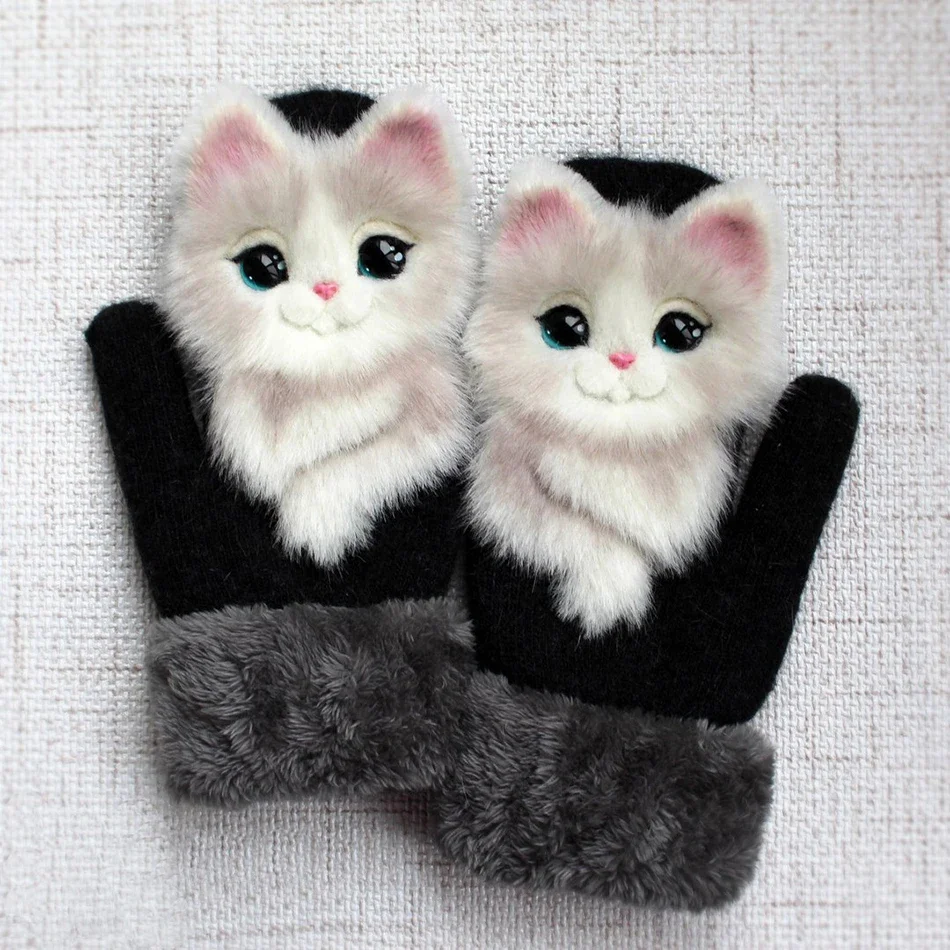 Funny Cute Cat Cartoon Winter Warm Children\'s Gloves Plus Velvet Thickened Girls Adults Gloves Christmas Gifts Kids Knit Mittens