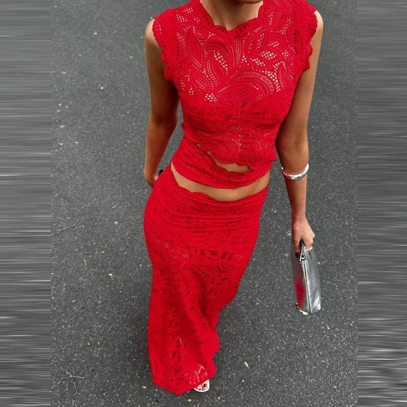 

Fashion Solid Color Lady Suits Sexy Sleeveless Lace Hollow Out Slim Outfit Summer O-neck Slim Vest Fishtail Skirts Matching Sets