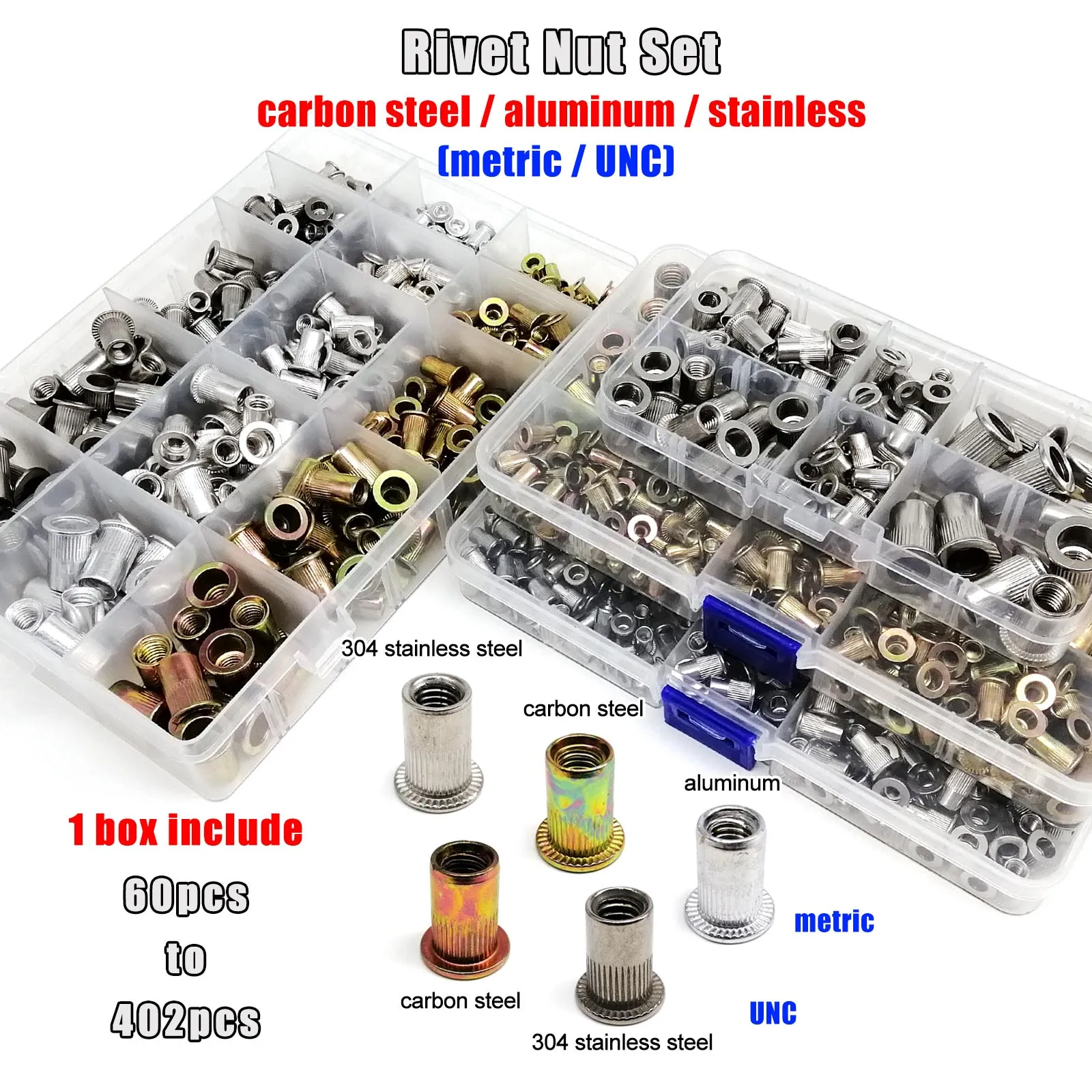 

1 коробка M3 M4 M5 M6 M8 США Грубая резьба UNC 304 A2-70 Нержавеющая сталь Углеродистая сталь Алюминий Заклепка с плоской головкой Набор гаек