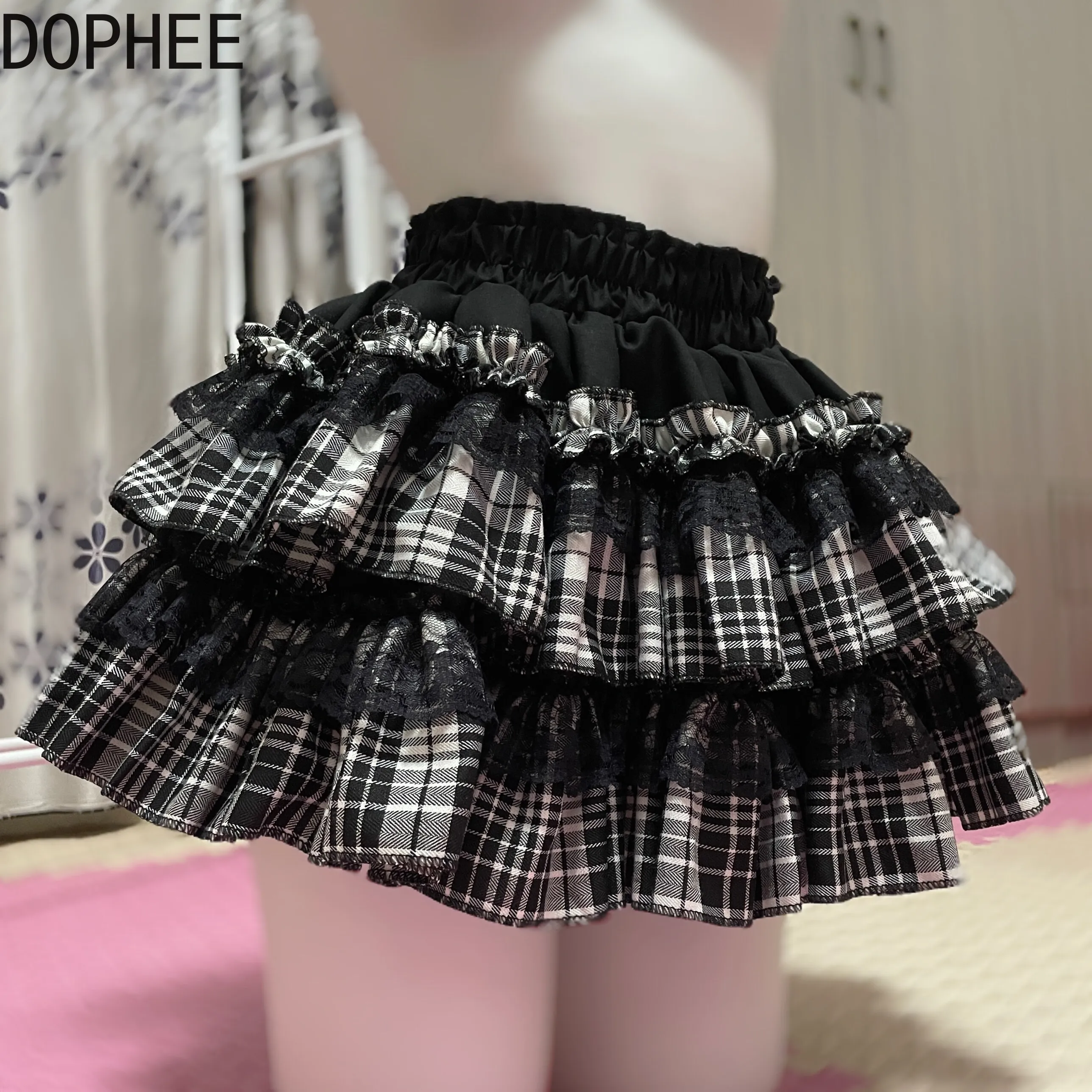 Original Subcultural Spicy Girl Gothic Style Elegant Lace Puff Skirt All-match Elastic Waist Black and White Grid Cake Skirts