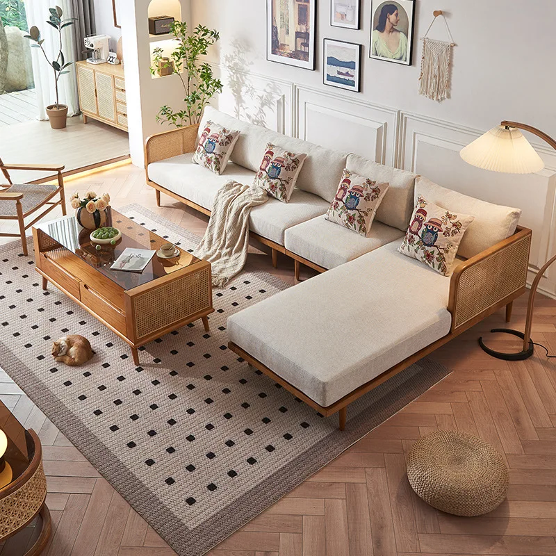 LMM1 new Chinese solid wood rattan sofa living room lobby princess three-person cotton and linen sofa