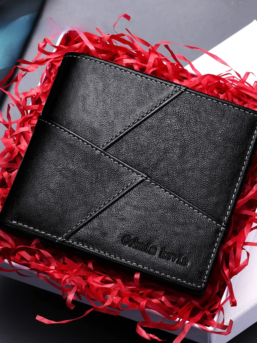 cohnim-kevin-men's-wallet-genuine-leather-silver-splicing-business-card-holder-gift-box-first-layer-cowhide-short-horizontal