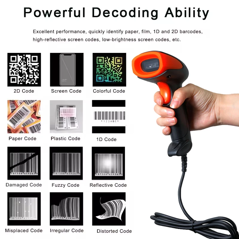 1D 2D Handhel Barcode Scanner with Holder QR Code Reader PDF417 Wired or Wireless or Bluetooth Bar Code Scanner with Stand