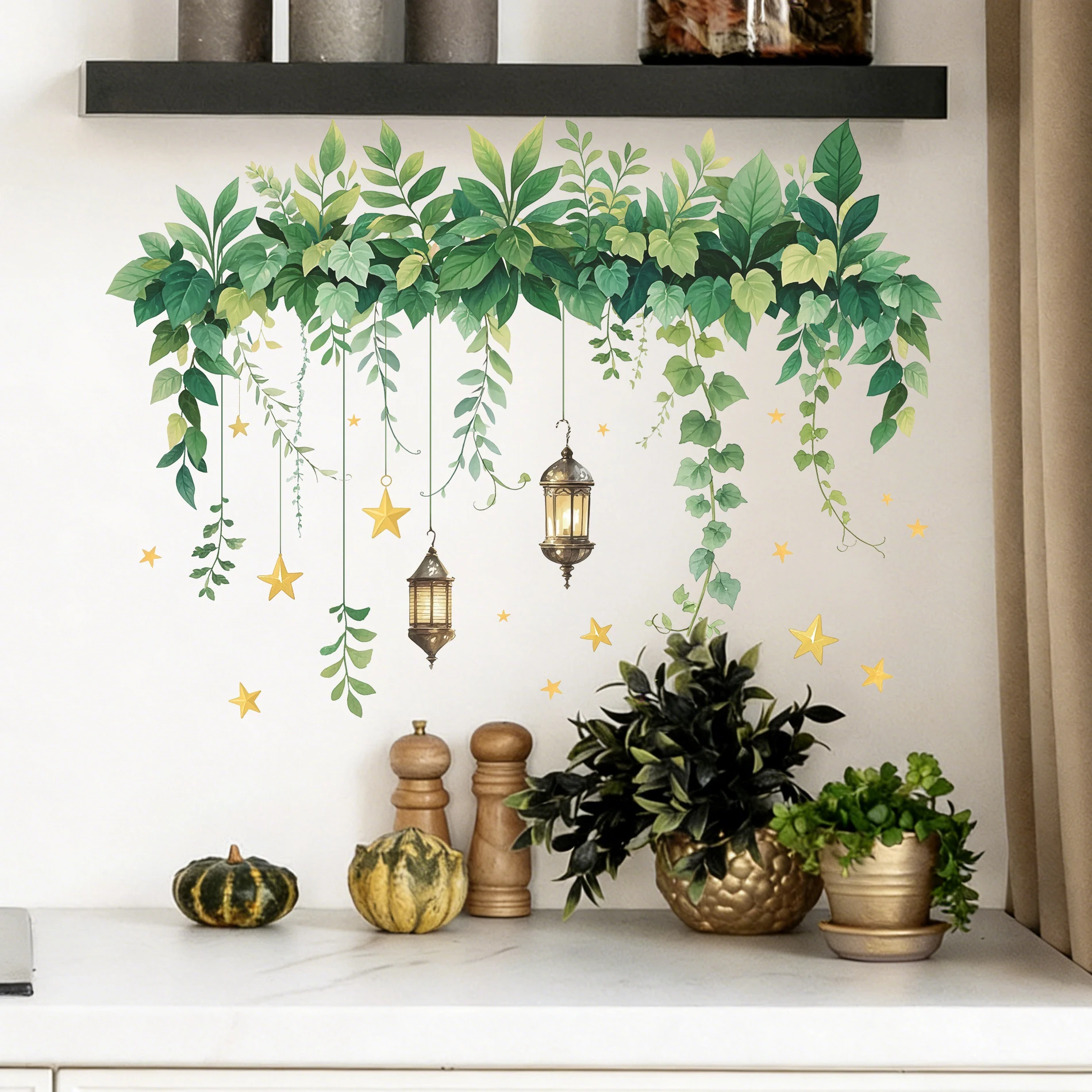Fresh Green Plant Vine Hanging Lamp Wall Decal for Bedroom Living Room Kitchen Home Decorative Sticker to Enhance Green Scenery