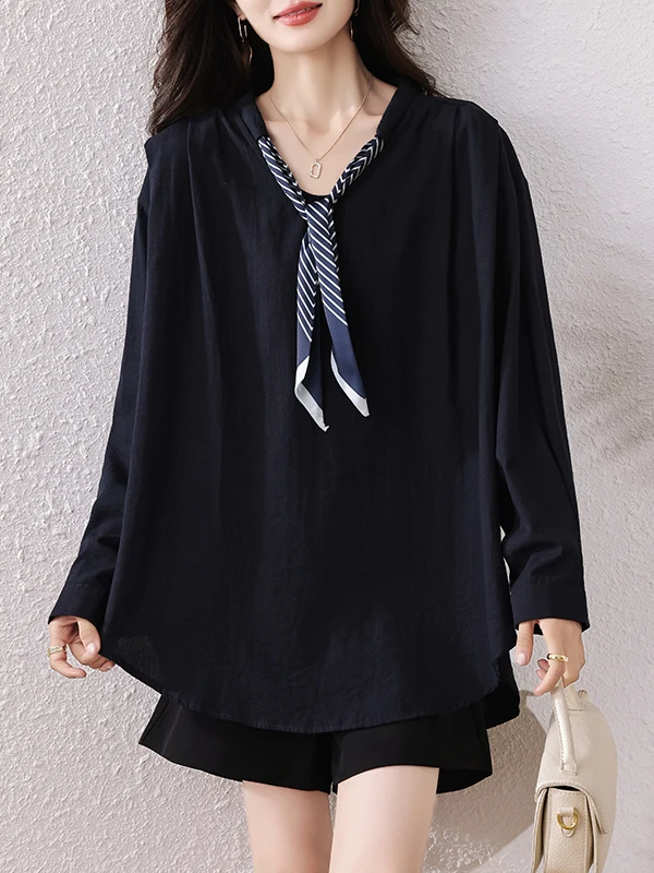 

Faionable Tie irt Women's Clothing Autumn 2025 Slimming Top Versatile Sle Polyester Fiber Long Sve Crew Ne