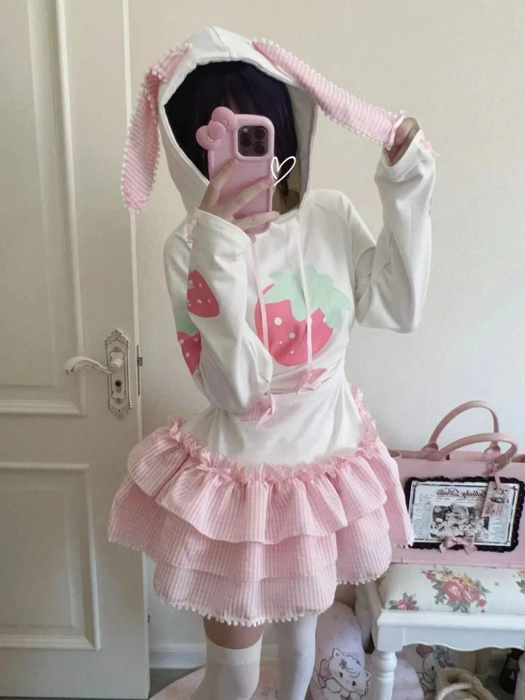 

Japanese Sweet Lolita Style Dress Women Cute Bunny Ear Hooded Strawberry Print Princess Dresses Female Kawaii Party Mini Dresses