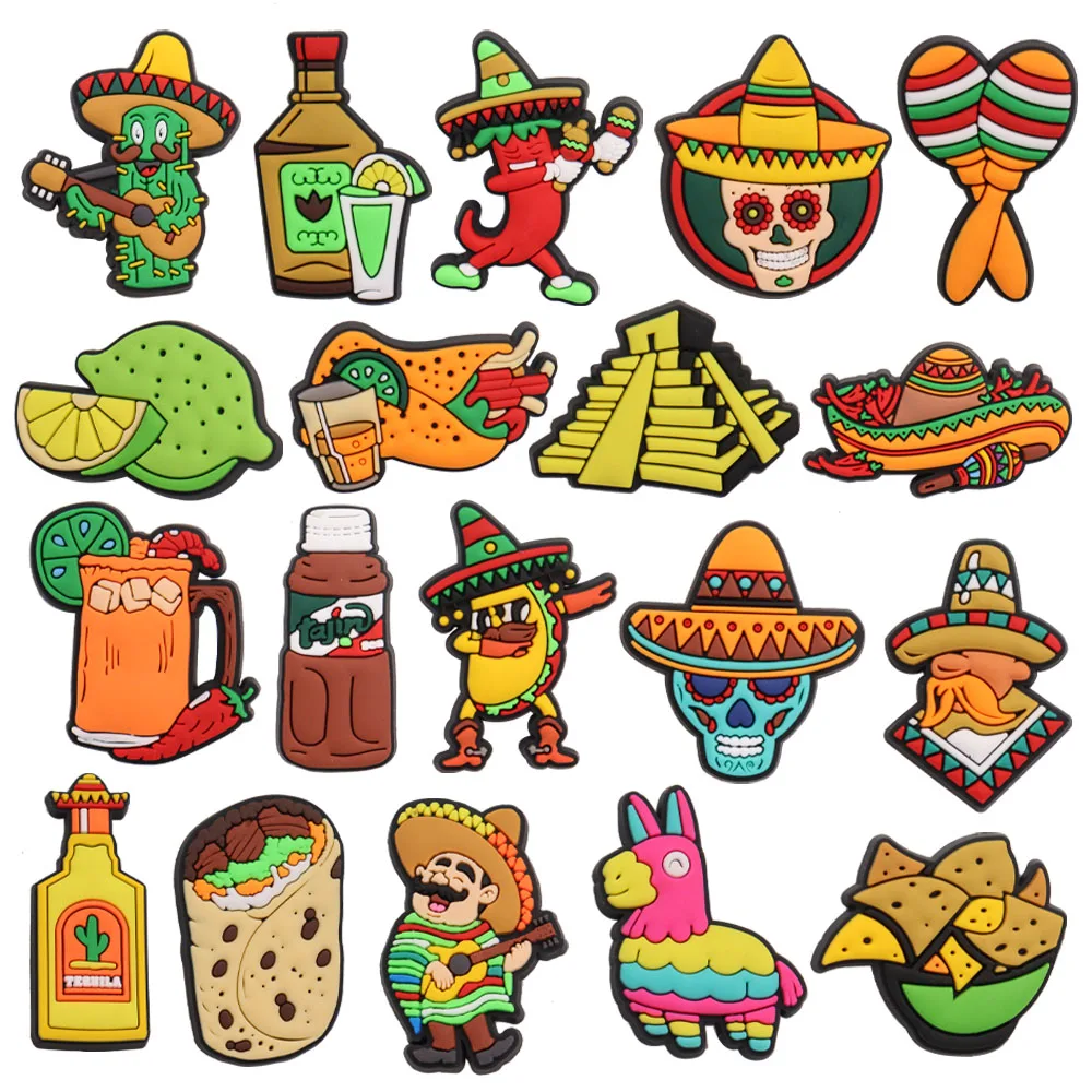 19-100Pcs Mexico Chili Tacos Skull Straw Hat Lemon Cactus PVC Shoe Charms Buckle Clog Sandals Shoes Decoration Holiday Present