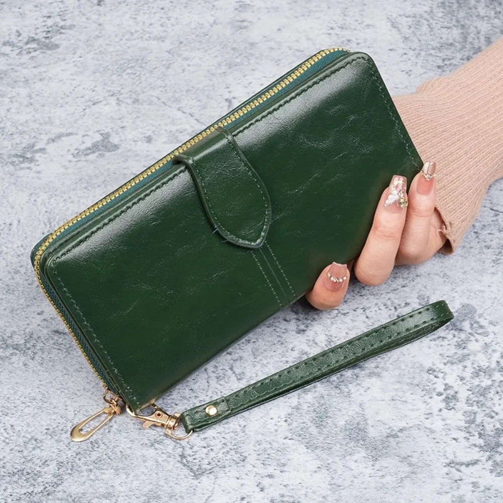 Retro Long Women Wallet Large Capacity Double Layer Ladies Clutch Bag Oil Wax with Lanyard Leather Wallets Travel