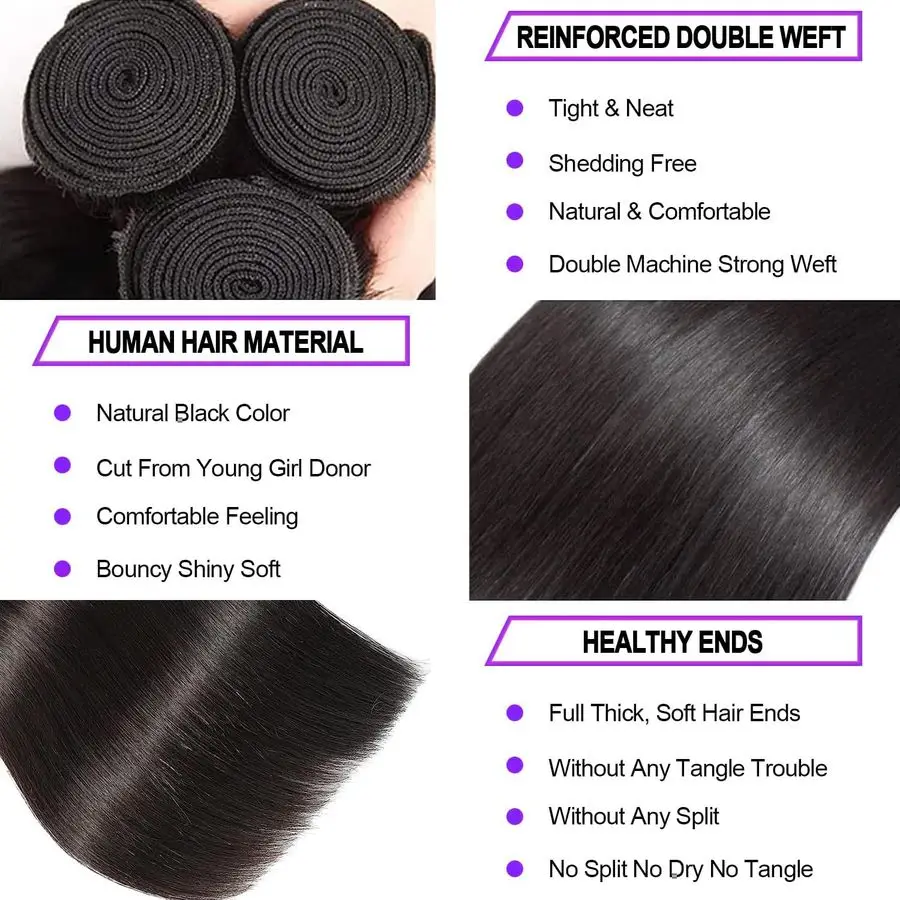 Rambut Manusia Bundel 18 20 22 Inci Bundel Lurus Rambut Manusia 100% Rambut Virgin Brasil Tanpa Proses Warna Alami Rambut Lurus E