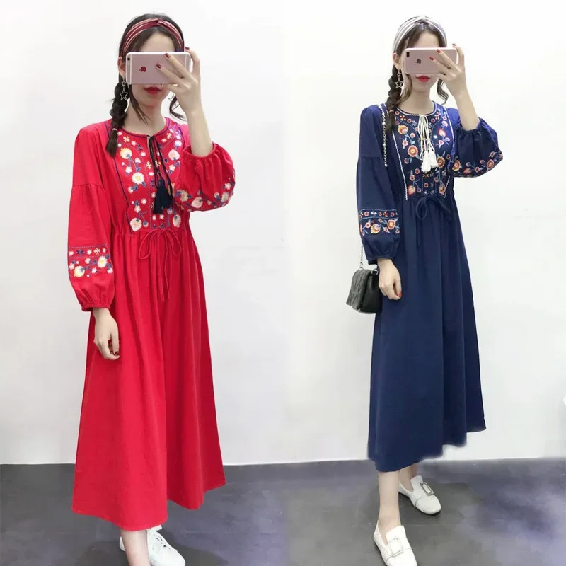 

Casual Women Muslim Robe Abaya Maxi Dress Female Lantern Sleeve Cotton and Linen Jubah Muslimah Loose Long Embroidered Dresses