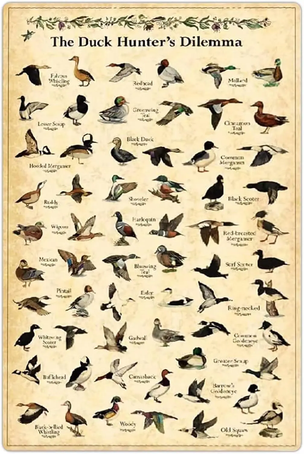 JIUFOTK The Duck Hunter's Dilemma Metal Tin Signs Duck Breeds Knowledge Posters Hunter Reference Guide Plaques Farmhous sign