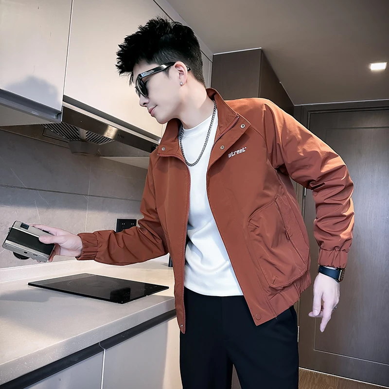 Slim Fit XS Size Men's Jacket 155 Tall Person Short Style Embroidery Stand Collar Outerwear Spring Season Polyester Fiber