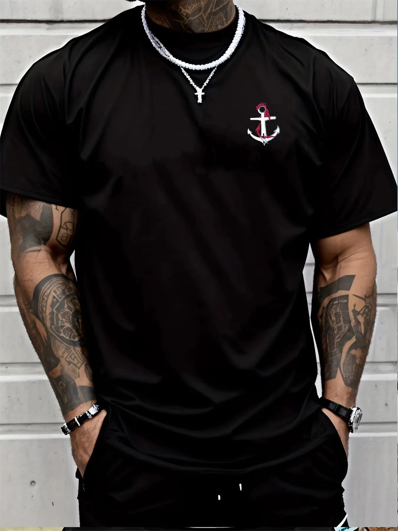 Men's Summer 100% Cotton Fashionable Casual Loose Sports Dragon and Boat Anchor Pattern Printed Round Neck Short Sleeved T-shirt