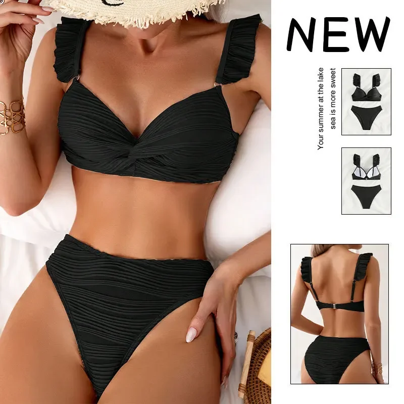 

Sexy Khaki Ribbed Swimwear High Waist Bikinis Set 2024 Mujer Ruffled Swimsuit Cross Bandage Bathing Suit Brazilian Bikini Bather