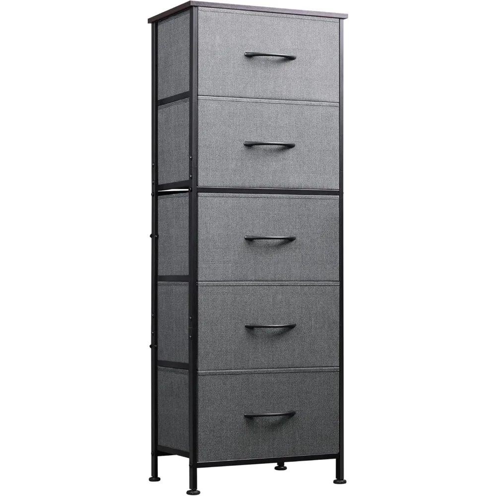 

Fabric Dresser, 5-Drawer Tall Dresser for Bedroom, Storage Dresser Organizer with Fabric Bins, Wood Top, Sturdy Steel Frame, Ch