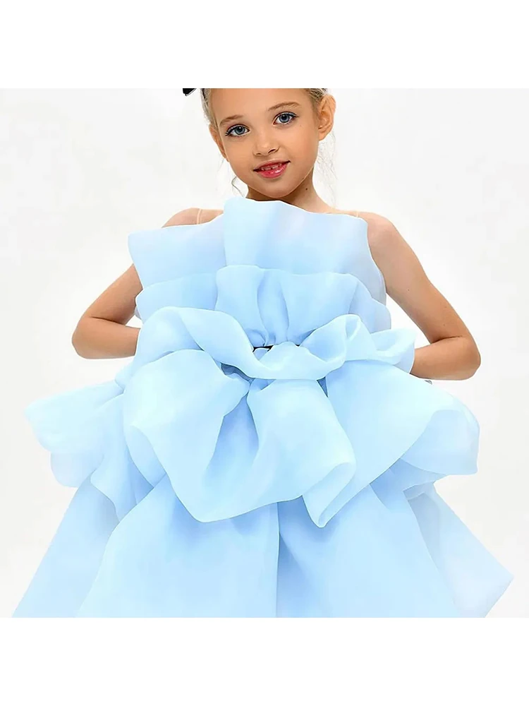 Cute Flower Girl Dress Sleeveless Puffy Knee Length For Wedding Sky Blue Elegany Kids Birthday Party First Communion Ball Gowns