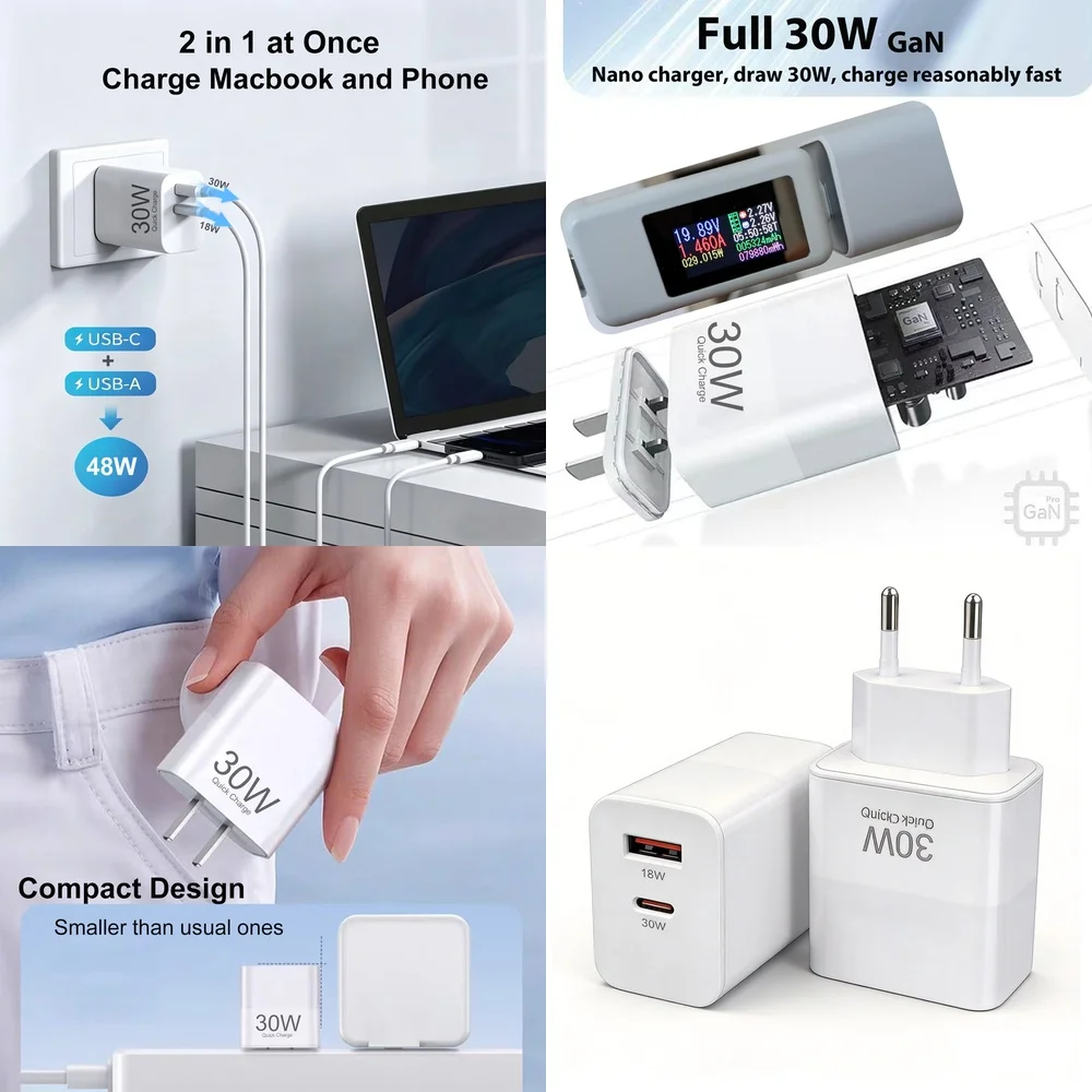30W USB C Power Adapter Mini US EU Plug Dual Port Charging Block for iPhone 17 16 15 Pro Max Samsung S26 S25 S24 Ultra Google