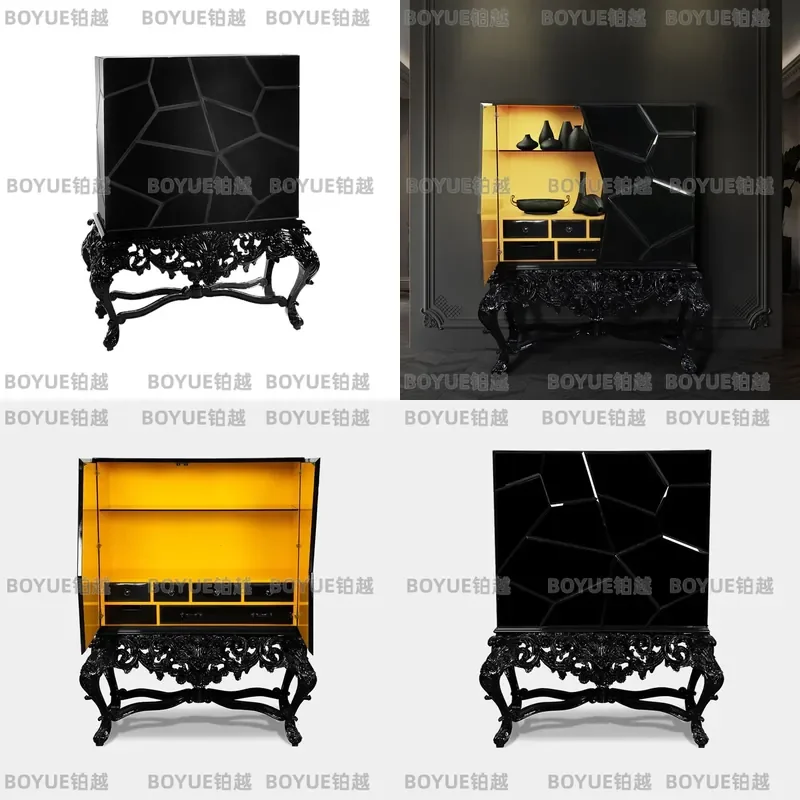 Retro Carved Solid Wood Wine Cabinet Luxury Living Room Storage Display Sideboard High End Villa Dining Furniture Creative