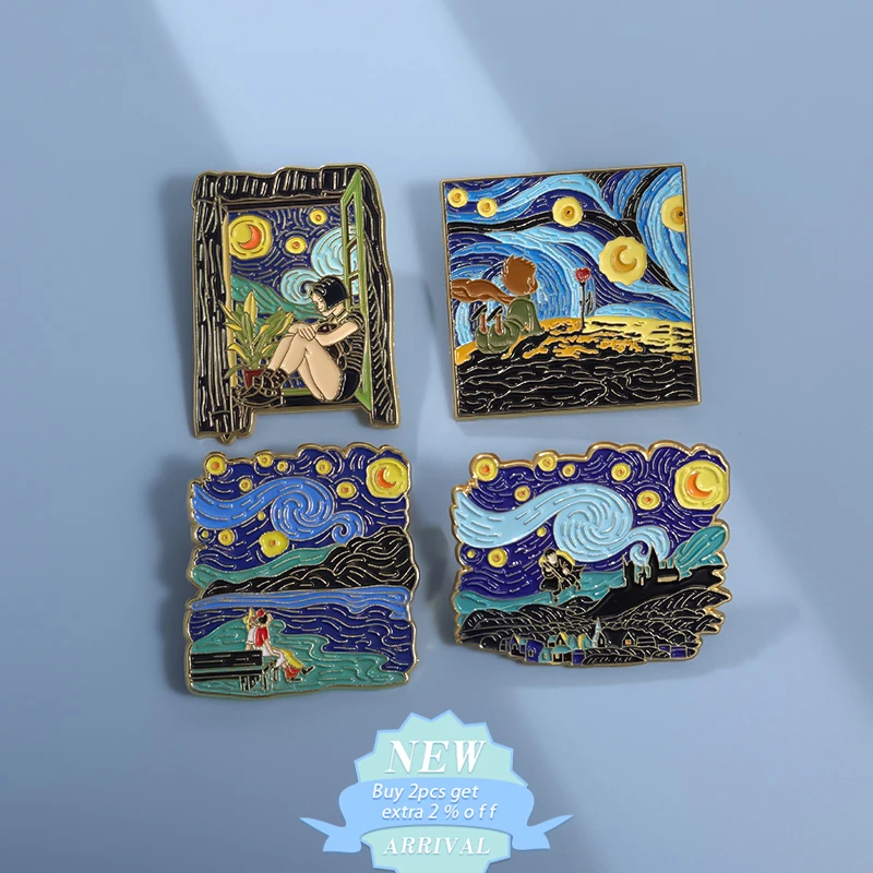 Famous Oil Painting Enamel Pins Self Portrait Of Sunflowers Starry Moon Night Art Van Gogh Brooches Lapel Backpack Badge Jewelry