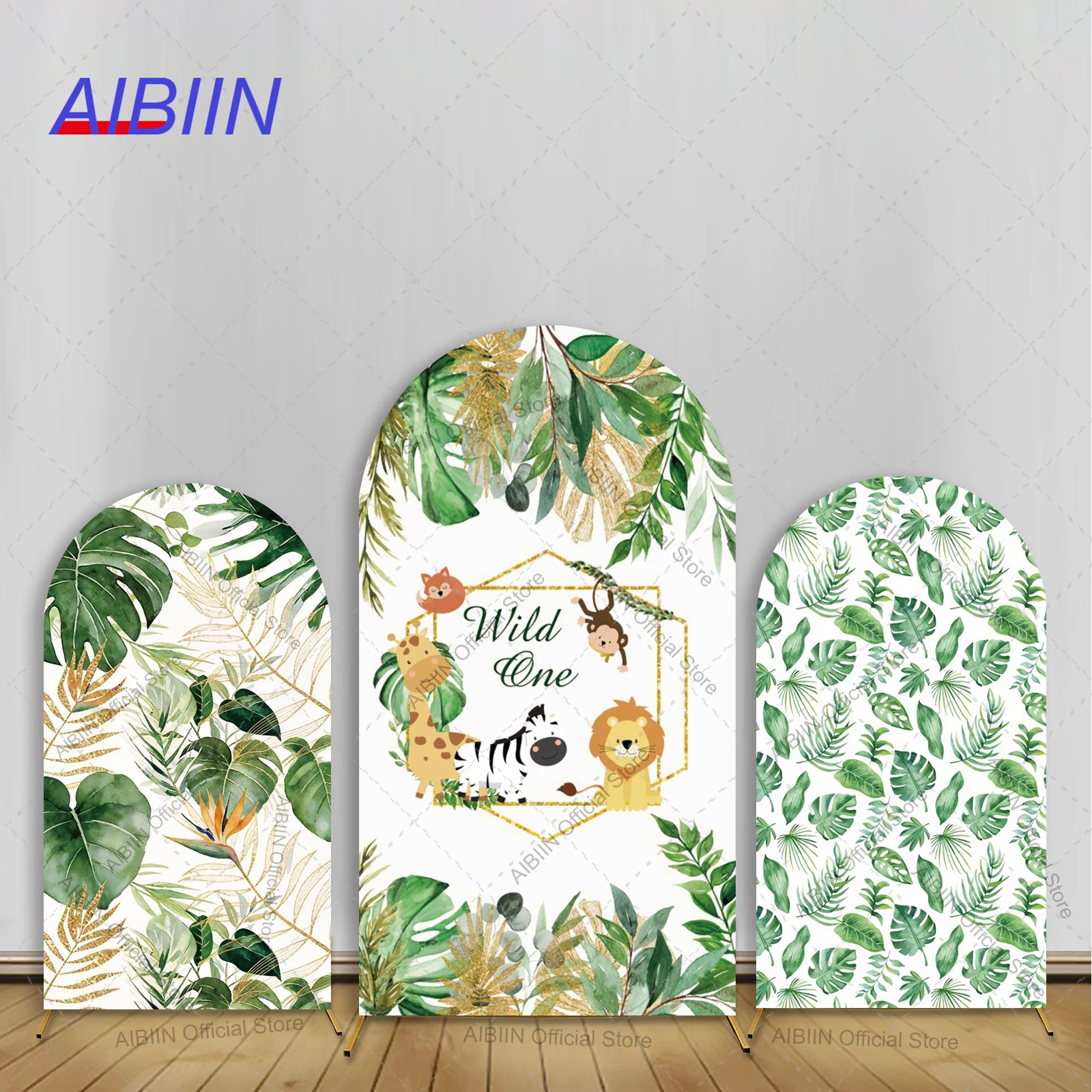 Wild One Happy Birthday Arch Backdrop Cover Jungle Safari Animal Green Leaves Lion Zebra Giraffe Boy Cake Party Decor Background