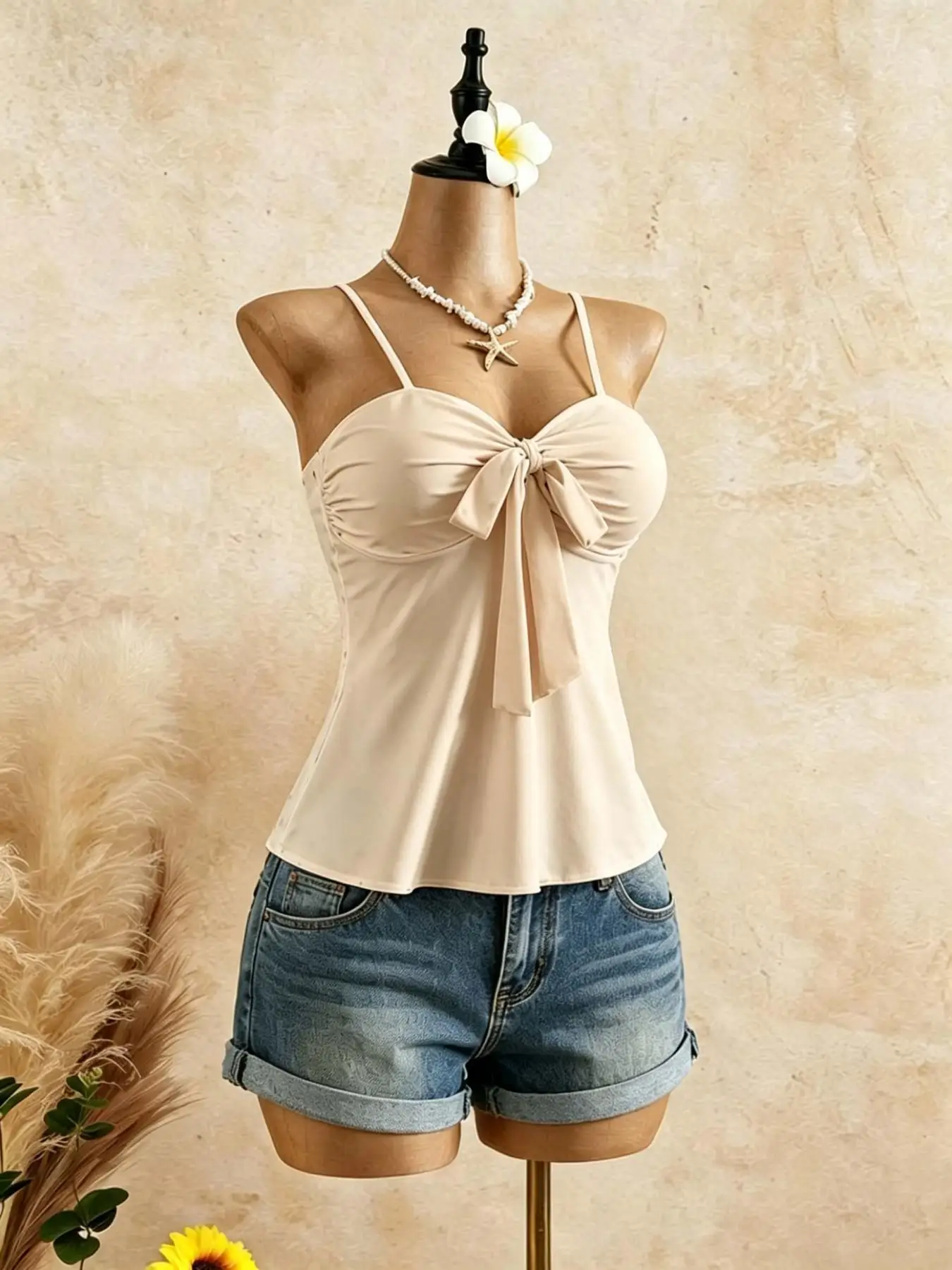 Damen Cami-Top mit Spaghettiträgern, Herzausschnitt, vorne gebundenem Twist und ausgestelltem Peplum, Sommer 2026, einfarbig Weiß, lässig, Urlaub, schmale Passform – Detail 4