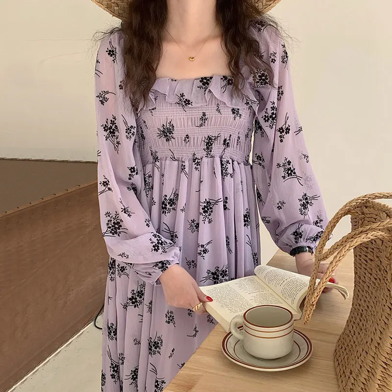 Vestido Retro Chic de manga larga con estampado Floral otoñal para mujer, falda empalmada con cuello cuad y manga de burb...