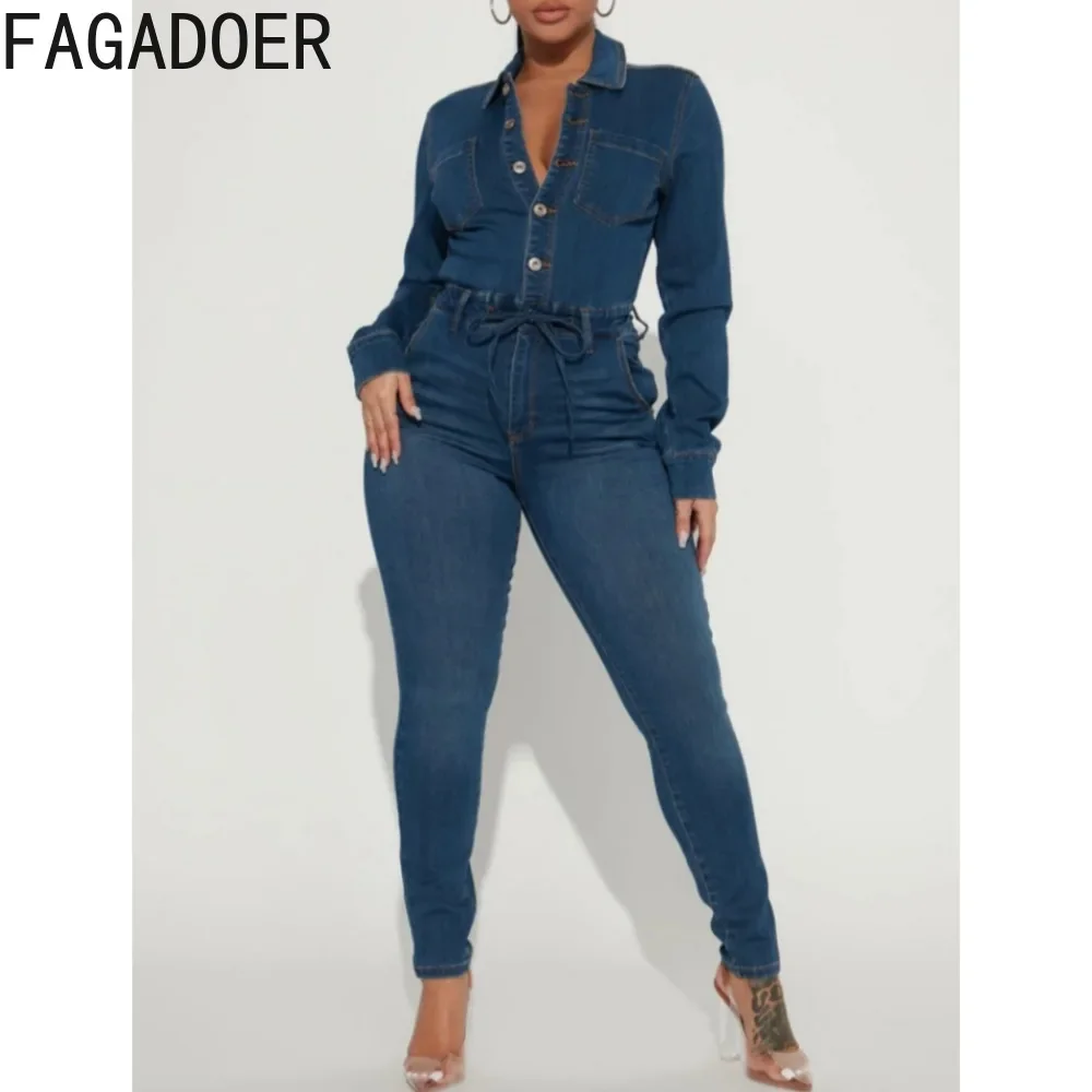 

FAGADOER Blue Vintage Casual Button Denim Jumpsuits Women Turndown Collar Long Sleeve Slim Playsuit Autumn Female Cowboy Overall