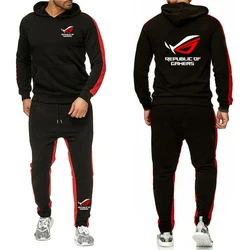 Men ROG Republic Of Gamers Tracksuit Hoodies Solid Color Thick Pullover Long Pant 2-piece Set Autumn Fleece Jogger Sports Suit