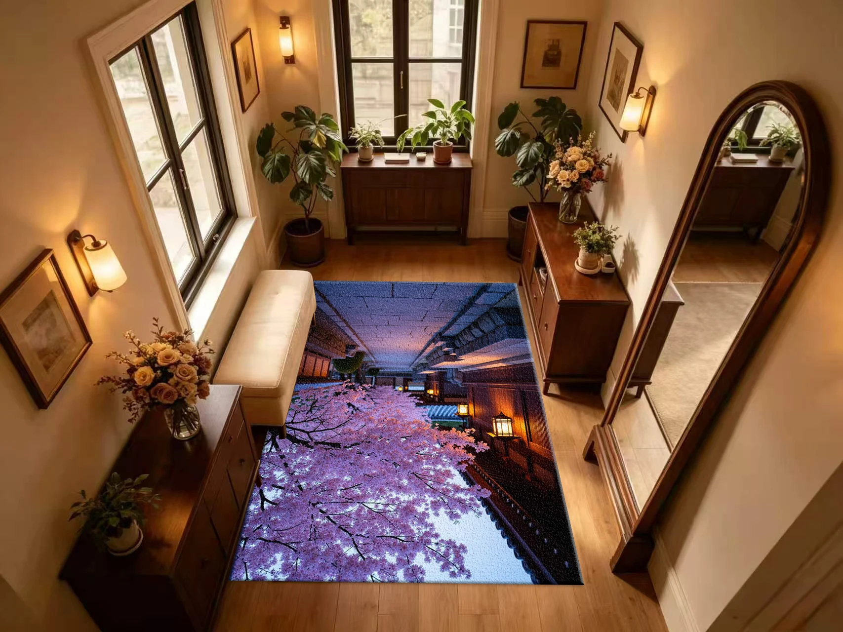Japanese Cherry Blossom Night Scenery Carpet Flooring Oriental Building Landscape Printed Square Rug for Household Home Decor