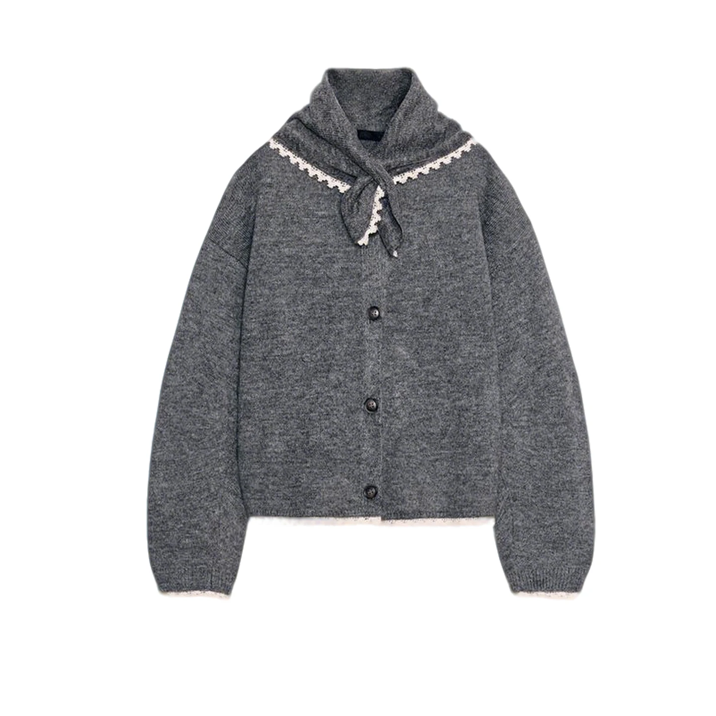 Zimowy Nowy Damski Luźny Długi Sweter z Okrągłym Dekoltem, Szalikiem, Kolorowym Blokowaniem, Koronkowym Wykończeniem, Dzianinowy Kardigan z Włókna Poliestrowego