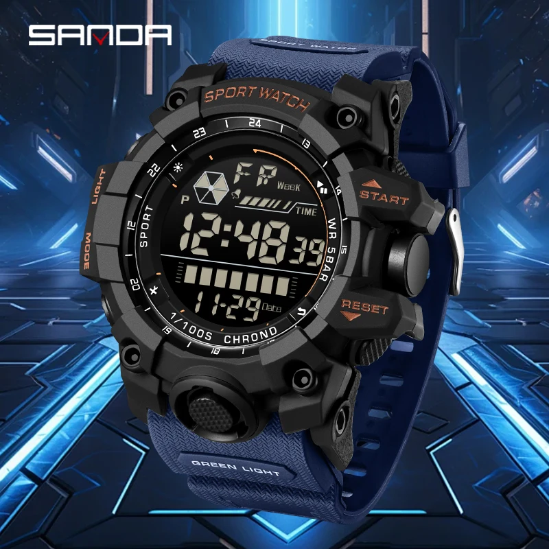 

SANDA 6229 Спортивные электронные часы для мужчин, многофункциональные водонепроницаемые часы с календарем, светящиеся цифровые наручные часы для подростков