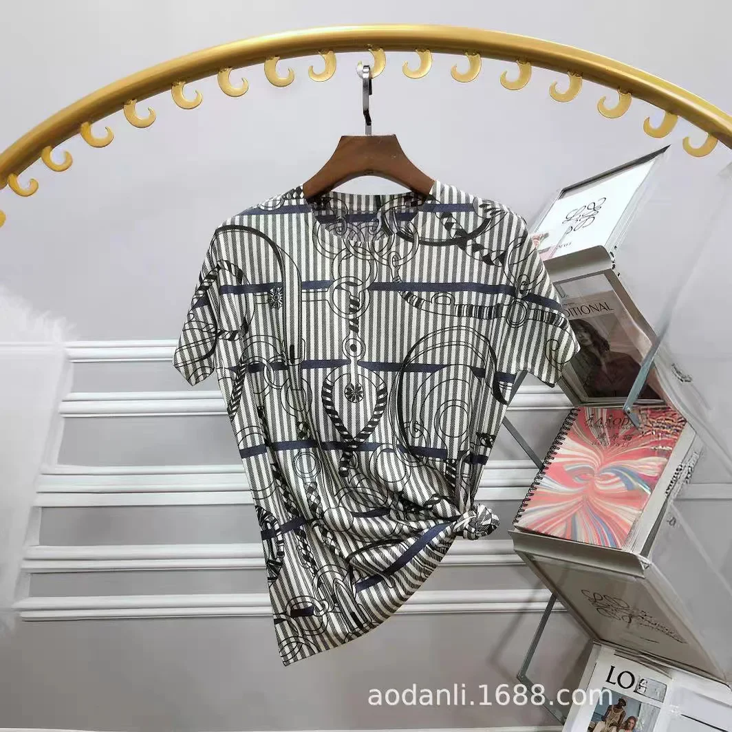 

2025 Striped T Shirts Women Clothing Vintage Style Casual Cartoon Pattern Printed Summer Short Sleeve Slim Tops Женская Одежда