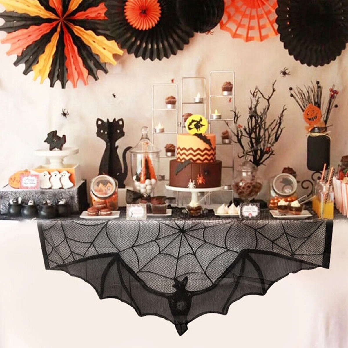 

Durable Halloween Decoration Bats Tablecloth Black Lace Web Curtains for Lampshade Fireplace Halloween Party Decor Horror Props