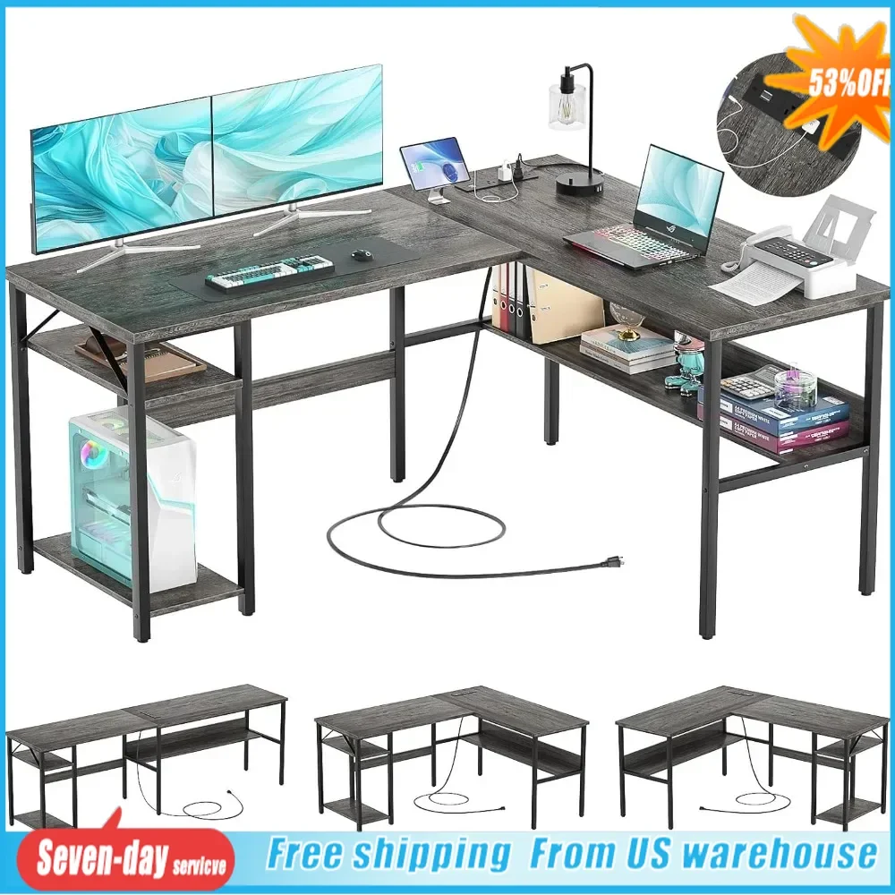 

Double-sided L-shaped Gaming Desk With Power Outlet and USB Charging Port Modern Corner Desk Home Desk for Easy Assembly Reading