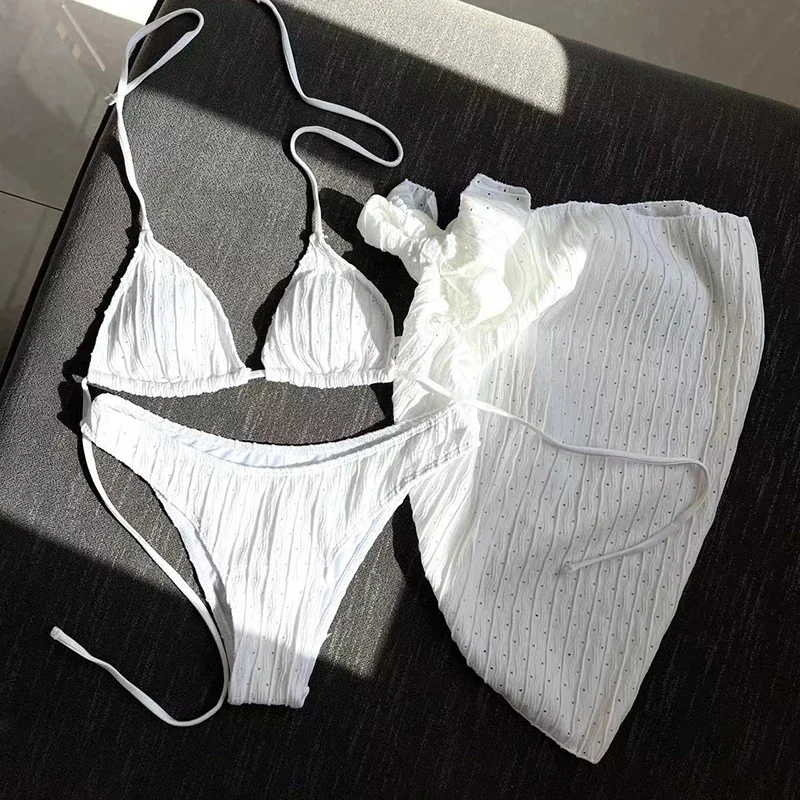 Bikini Set Women 3 Piece Swimsuit Sexy Lace Up Triangle Micro Bikini Bandage Cover-Ups 2025 New Beach Swimming Lady Bathing Suit