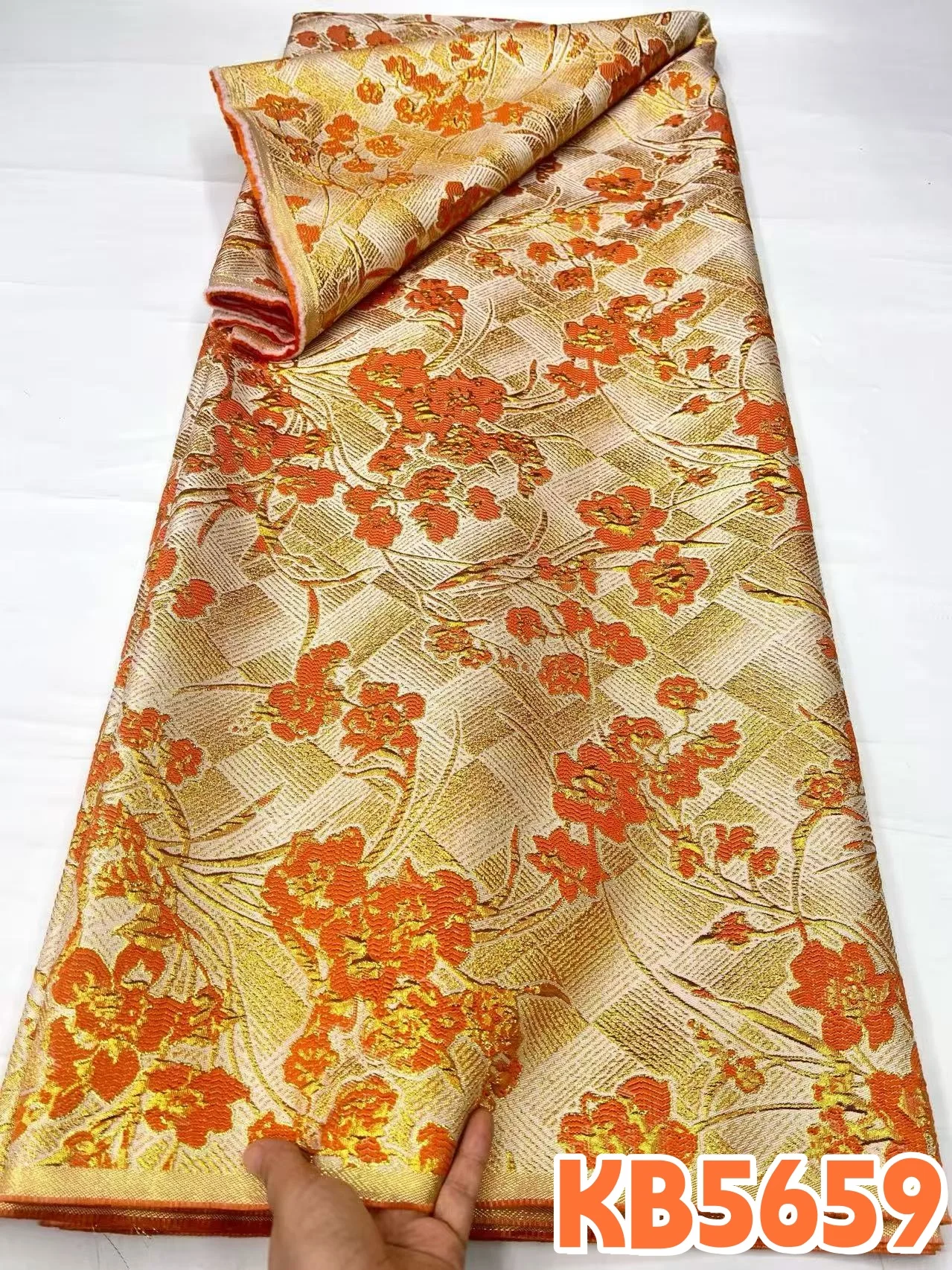 Brocade Lace Fabric Nigerian Organza Gilding Brocade Lace for Wedding Dress Sewing 5 Yards Fabric African Damask Cloth KB5659