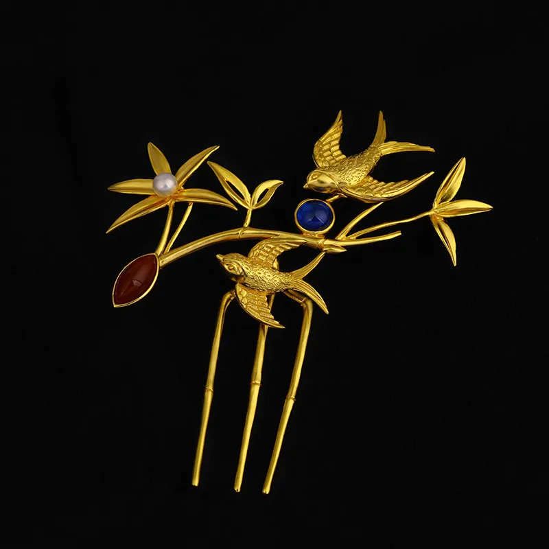 Gold Plated Chinese Style Lucky Spring Swallow Hairpin Inlaid Red Agate Blue Gem Pearl Flower Blessing Hair Stick For Women Hanf